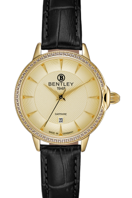 Product SKU: 1827-101LKKBCase Material: Gold tone case,Case with 63pcs white sapphireCase Size: 32.0mm X 37.5mmDial Size: 26.0 mmDial Color: Gold dialBracelet:  Black calfskin leather strapCrystal: Sapphire crystal glassCrown: 5.5mmMovement: GN10