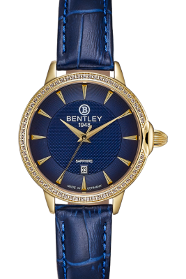 Product SKU: 1827-101LKNNCase Material: Gold tone case,Case with 63pcs white sapphireCase Size: 32.0mm X 37.5mmDial Size: 26.0 mmDial Color: Blue dialBracelet:  Blue calfskin leather strapCrystal: Sapphire crystal glassCrown: 5.5mmMovement: GN10
