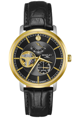 Product SKU: 1862-15MTBBCase Material: Gold two tone caseCase Size: 40.0mm X 46.3mmDial Size: Ø 35.0 mmDial Color: Black dialBracelet:  Black calfskin leather strapCrystal: Sapphire crystal glassCrown: 5.5mmMovement: EPSON YN88 / Automatic