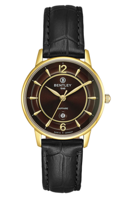 Product SKU: 1853-10LKDBCase Material: Gold tone caseCase Size: 32.0mm X 37.0mmDial Size: 28.0 mmDial Color: Brown dialBracelet:  Black calfskin leather strapCrystal: Sapphire crystal glassCrown: 3.5mmMovement: VX82