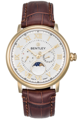 Product SKU: 1690-10473Case Material: Gold tone caseCase Size: 42.0mm X 44.7mmDial Size: 36.0mm X 36.0mmDial Color: Silver dialBracelet:  Brown calfskin leather strapCrystal: Sapphire crystal with anti-reflective treatmentCrown: 7.0mmMovement: MIYOTA 6P20