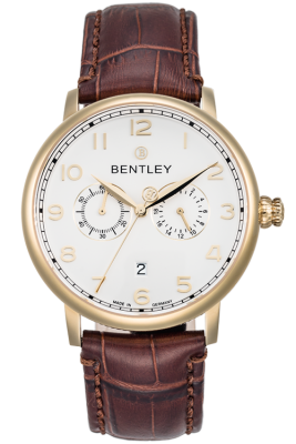 Product SKU: 1690-20473Case Material: Gold tone caseCase Size: 42.0mm X 44.7mmDial Size: 36.0mm X 36.0mmDial Color: Silver dialBracelet:  Brown calfskin leather strapCrystal: Sapphire crystal with anti-reflective treatmentCrown: 7.0mmMovement: MIYOTA OS21