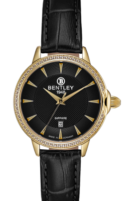 Product SKU: 1827-101LKBBCase Material: Gold tone case,Case with 63pcs white sapphireCase Size: 32.0mm X 37.5mmDial Size: 26.0 mmDial Color: Black dialBracelet:  Black calfskin leather strapCrystal: Sapphire crystal glassCrown: 5.5mmMovement: GN10