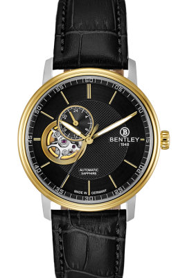 Product SKU: 1832-25MTBBCase Material: Gold two tone caseCase Size: 40.0mm X 46.0mmDial Size: 34.0 mmDial Color: Black dialBracelet:  Black calfskin leather strapCrystal: Sapphire crystal glassCrown: 5.5mmMovement: NH39 / Automatic