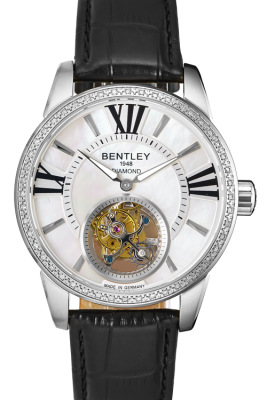Product SKU: 803-18001-2SDescription: Stainless caseCase Material: Case with 48pcs diamondCase Size: 43.0mm X 52.1mmDial Size: Ø 36.5 mmDial Color: White MOP dialBracelet:  Black calfskin leather strapCrystal: Sapphire crystal glassCrown: 7.0mmMovement: SL-5003