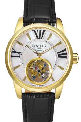 Product SKU: 803-18471Case Material: Gold tone caseCase Size: 43.0mm X 52.1mmDial Size: Ø 36.5 mmDial Color: White MOP dialBracelet:  Black calfskin leather strapCrystal: Sapphire crystal glassCrown: 7.0mmMovement: SL-5003