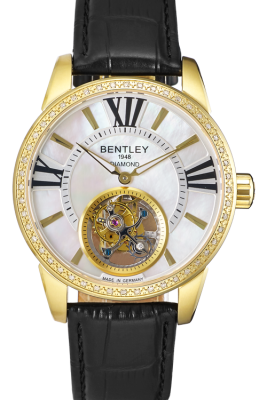 Product SKU: 803-18471-2SDescription: Gold tone caseCase Material: Case with 48pcs diamondCase Size: 43.0mm X 52.1mmDial Size: Ø 36.5 mmDial Color: White MOP dialBracelet:  Black calfskin leather strapCrystal: Sapphire crystal glassCrown: 7.0mmMovement: SL-5003