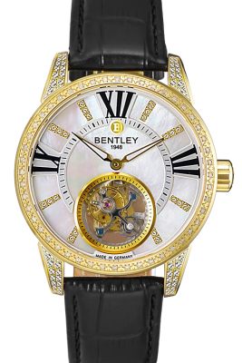 Product SKU: 803-18471-KSDescription: Gold tone caseCase Material: Case with 48pcs diamond,60pcs white sapphireCase Size: 43.0mm X 52.1mmDial Size: Ø 36.5 mmDial Color: White MOP dial with 22pcs CZBracelet:  Black calfskin leather strapCrystal: Sapphire crystal glassCrown: 7.0mmMovement: SL-5003