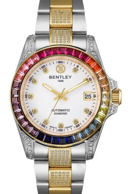 Product SKU: BL2419-152MTWIDescription: Gold two tone stainless steelCase Material: Case with 46pcs white sapphire & 37pcs chroma zirconsCase Size: 39.0mm X 48.0mmDial Size: Ø 29.0mmDial Color: White diall with 10pcs diamondBracelet:  Band with 130pcs white sapphireCrystal: Sapphire crystal glassCrown: 7.0mmMovement: NH35 / Automatic