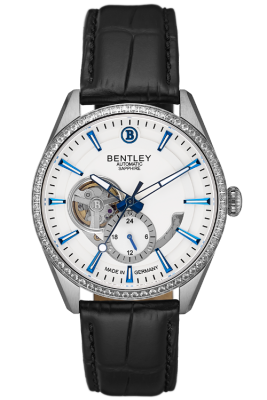 Product SKU: BL1831-251MWWBCase Material: Stainless steel case,Case with 64pcs white sapphireCase Size: 41.0mm X 47.5mmDial Size: Ø 35.0mmDial Color: White dialBracelet:  Black calfskin leather strapCrystal: Sapphire crystal glassCrown: Ø 6.5mmMovement: YN74A/Automatic