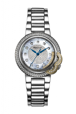 Product SKU: 89-302000Case Material: Gold two tone stainless steel,Case with 118pcs diamondCase Size: 35.0mm X 41.7mmDial Size: 25.0mm X 25.0mmDial Color: White MOP dial with 11pcs diamondCrystal: Sapphire crystal with anti-reflective treatmentCrown: 4.0mmMovement: RONDA 705-3