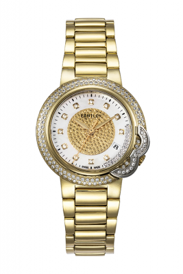 Product SKU: 89-302474Case Material: Gold two tone stainless steel,Case with 118pcs diamondCase Size: 35.0mm X 41.7mmDial Size: 25.0mm X 25.0mmDial Color: White MOP dial with 11pcs diamondCrystal: Sapphire crystal with anti-reflective treatmentCrown: 4.0mmMovement: RONDA 705-3