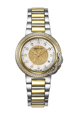 Product SKU: 89-302777Case Material: Gold two tone stainless steel,Case with 118pcs diamondCase Size: 35.0mm X 41.7mmDial Size: 25.0mm X 25.0mmDial Color: White MOP dial with 11pcs diamondCrystal: Sapphire crystal with anti-reflective treatmentCrown: 4.0mmMovement: RONDA 705-3
