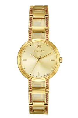 Product SKU: BL2209-10LKKI-SRCase Material: Gold tone stainless steelCase Size: 32.0mm X 45.5mmDial Size: Ø 27.0 mmDial Color: Gold dialBracelet:  Band with 60pcs red CZCrystal: Sapphire crystal glassCrown: 4.0mmMovement: GL30