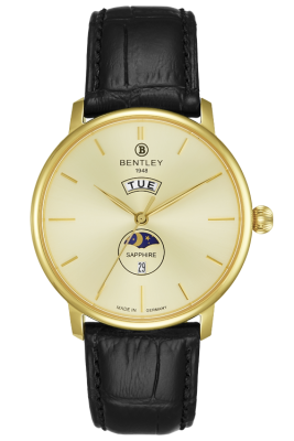 Product SKU: BL2222-10MKKBCase Material: Gold tone caseCase Size: 42.0mm X 46.5mmDial Size: Ø36.5 mmDial Color: Gold dialBracelet:  Black calfskin leather strapCrystal: Sapphire crystal glassCrown: 5.5mmMovement: VX33E 12M