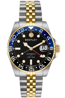 Product SKU: BL2335-15MTBI-BNDescription: Black & Blue ceramic bezelCase Material: Gold two tone stainless steelCase Size: 40.3mm X 47.5mmDial Size: Ø 30.0mmDial Color: Black dialCrystal: Sapphire crystal glassCrown: Ø 7.0mmMovement: NH34 / AUTOMATIC