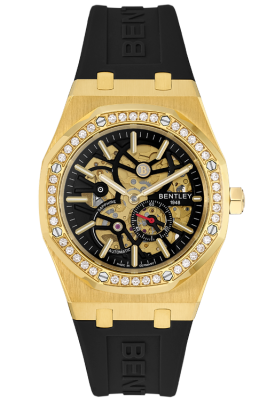 Product SKU: BL2416-251MKBBDescription: Gold tone stainless steelCase Material: Case with 40pcs white sapphireCase Size: 41.0mm X 51.6mmDial Size: Ø 30.0mmDial Color: Black dialBracelet:  Black Rubber Band strapCrystal: Sapphire crystal glassCrown: Ø 6.0mmMovement: 8N40 / Automatic