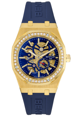Product SKU: BL2416-251MKNNDescription: Gold tone stainless steelCase Material: Case with 40pcs white sapphireCase Size: 41.0mm X 51.6mmDial Size: Ø 30.0mmDial Color: Blue dialBracelet:  Blue Rubber Band strapCrystal: Sapphire crystal glassCrown: Ø 6.0mmMovement: 8N40 / Automatic