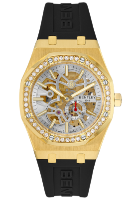 Product SKU: BL2416-251MKWBDescription: Gold tone stainless steelCase Material: Case with 40pcs white sapphireCase Size: 41.0mm X 51.6mmDial Size: Ø 30.0mmDial Color: White dialBracelet:  Black Rubber Band strapCrystal: Sapphire crystal glassCrown: Ø 6.0mmMovement: 8N40 / Automatic