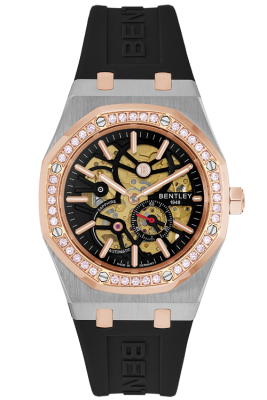 Product SKU: BL2416-251MTBB-RDescription: Rose gold two tone stainless steelCase Material: Case with 40pcs white sapphirelCase Size: 41.0mm X 51.6mmDial Size: Ø 30.0mmDial Color: Black dialBracelet:  Black Rubber Band strapCrystal: Sapphire crystal glassCrown: Ø 6.0mmMovement: 8N40 / Automatic