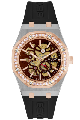 Product SKU: BL2416-251MTDB-RDescription: Rose gold two tone stainless steelCase Material: Case with 40pcs white sapphireCase Size: 41.0mm X 51.6mmDial Size: Ø 30.0mmDial Color: Brown dialBracelet:  Black Rubber Band strapCrystal: Sapphire crystal glassCrown: Ø 6.0mmMovement: 8N40 / Automatic