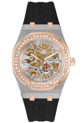Product SKU: BL2416-251MTWB-RDescription: Rose gold two tone stainless steelCase Material: Case with 40pcs white sapphireCase Size: 41.0mm X 51.6mmDial Size: Ø 30.0mmDial Color: White dialBracelet:  Black Rubber Band strapCrystal: Sapphire crystal glassCrown: Ø 6.0mmMovement: 8N40 / Automatic