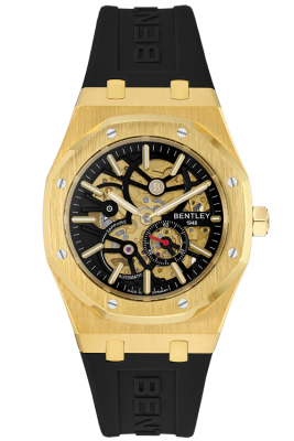 Product SKU: BL2416-25MKBBCase Material: Gold tone stainless steelCase Size: 41.0mm X 51.6mmDial Size: Ø 30.0mmDial Color: Black dialBracelet:  Black Rubber Band strapCrystal: Sapphire crystal glassCrown: Ø 6.0mmMovement: 8N40 / Automatic