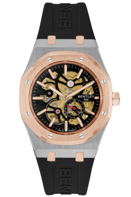 Product SKU: BL2416-25MTBB-RCase Material: Rose gold two tone stainless steelCase Size: 41.0mm X 51.6mmDial Size: Ø 30.0mmDial Color: Black dialBracelet:  Black Rubber Band strapCrystal: Sapphire crystal glassCrown: Ø 6.0mmMovement: 8N40 / Automatic