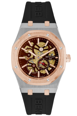 Product SKU: BL2416-25MTDB-RCase Material: Rose gold two tone stainless steelCase Size: 41.0mm X 51.6mmDial Size: Ø 30.0mmDial Color: Brown dialBracelet:  Black Rubber Band strapCrystal: Sapphire crystal glassCrown: Ø 6.0mmMovement: 8N40 / Automatic