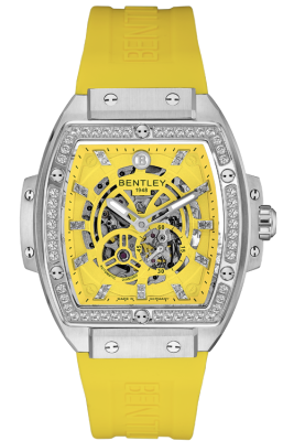Product SKU: BL2426-252MWYY-SCase Material: Stainless steel case with 50pcs white sapphire Case Size: 42.0mm X 50.0mmDial Size: Ø 30.0mmDial Color: Yellow dial with 22pcs diamondBracelet:  Yellow Rubber Band strapCrystal: Sapphire crystal glassCrown: Ø 7.0mmMovement: 8N24