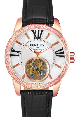 Product SKU: 803-18501-SDescription: Rose gold tone caseCase Material: Case with 48pcs diamondCase Size: 43.0mm X 52.1mmDial Size: Ø 36.5 mmDial Color: White MOP dialBracelet:  Black calfskin leather strapCrystal: Sapphire crystal glassCrown: 7.0mmMovement: SL-5003