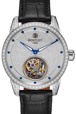 Product SKU: 803-481001Description: Stainless steel caseCase Material: Case with 226pcs white sapphireCase Size: 43.0mm X 52.0mmDial Size: Ø 36.4 mmDial Color: Silver dial with 12pcs blue sapphire & 410pcs CZBracelet:  Black genutine leather strapCrystal:  Sapphire crystal glassCrown:  7.0mmMovement: SL5003B2 / Automatic